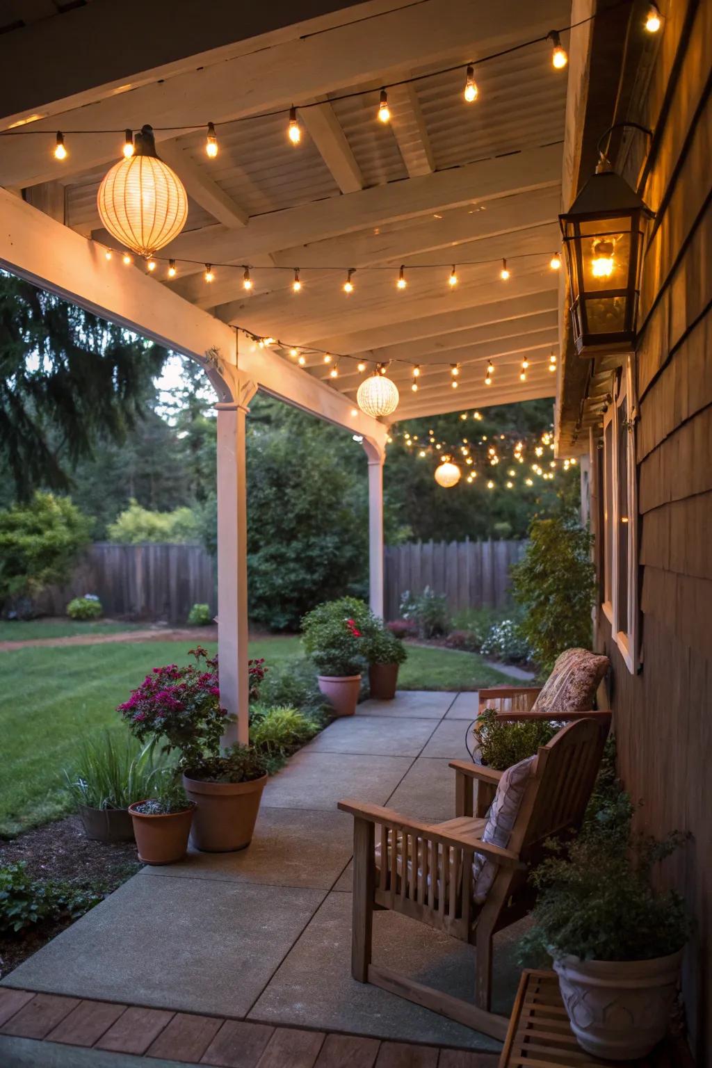 Decorative lighting enhances the porch's ambiance.