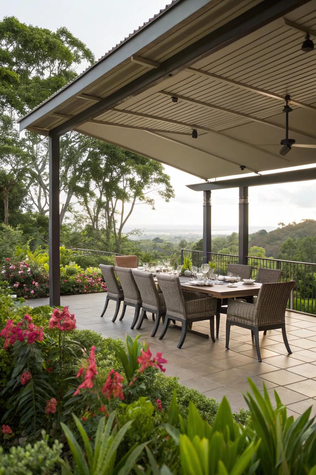 Outdoor dining area on a lanai for memorable meals.