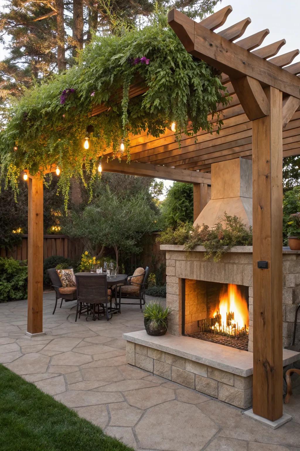 An inviting outdoor fireplace with a wooden pergola, surrounded by lush greenery.