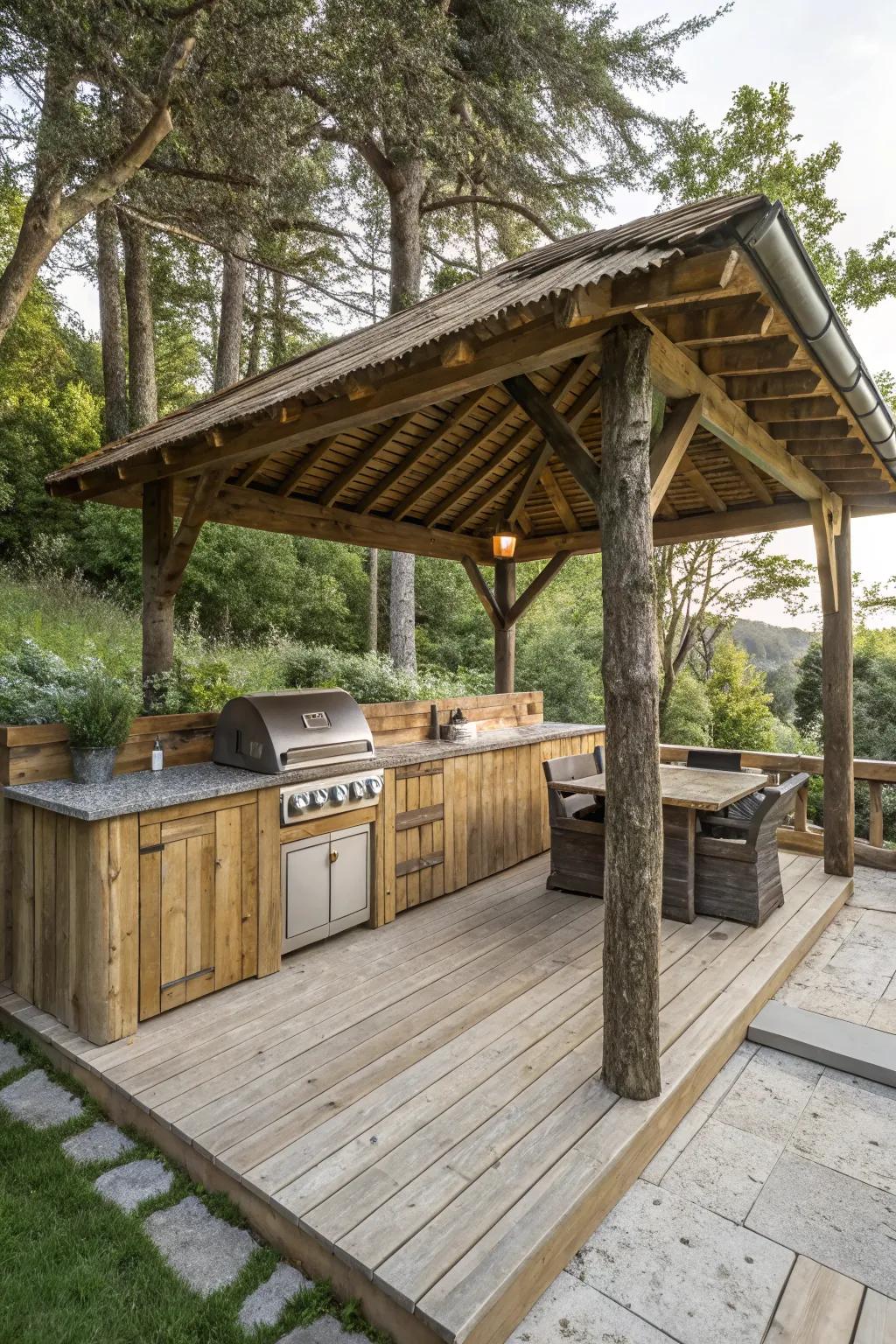 A rustic and inviting wood-themed grilling station.