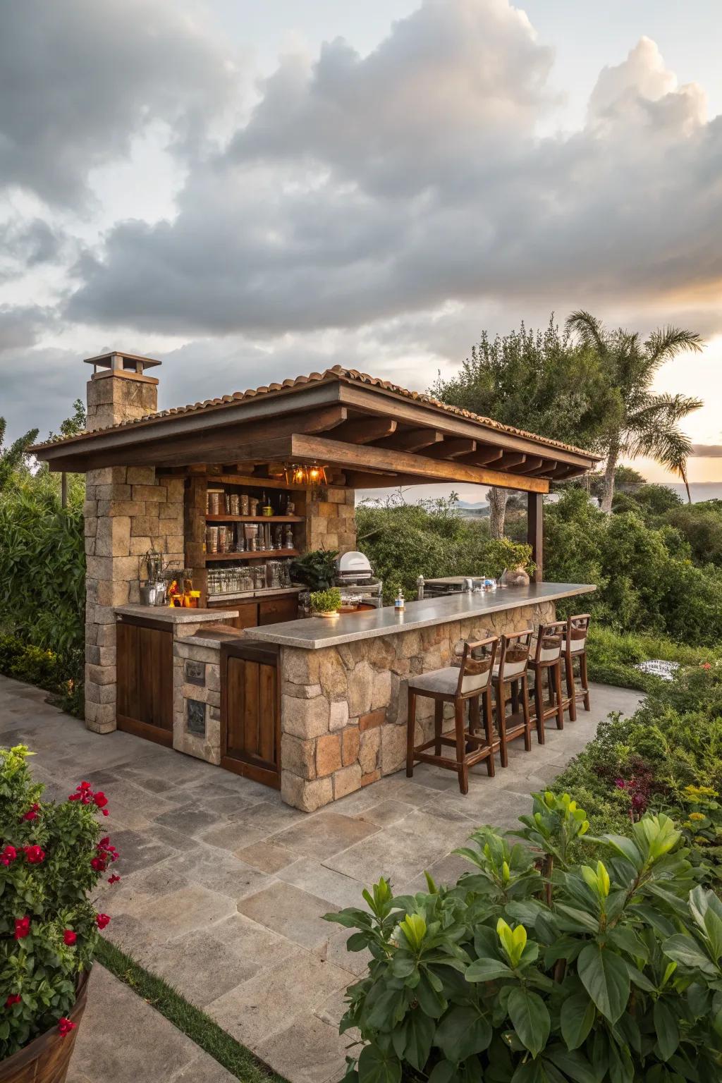 A rustic stone outdoor kitchen bar nestled in a garden setting.