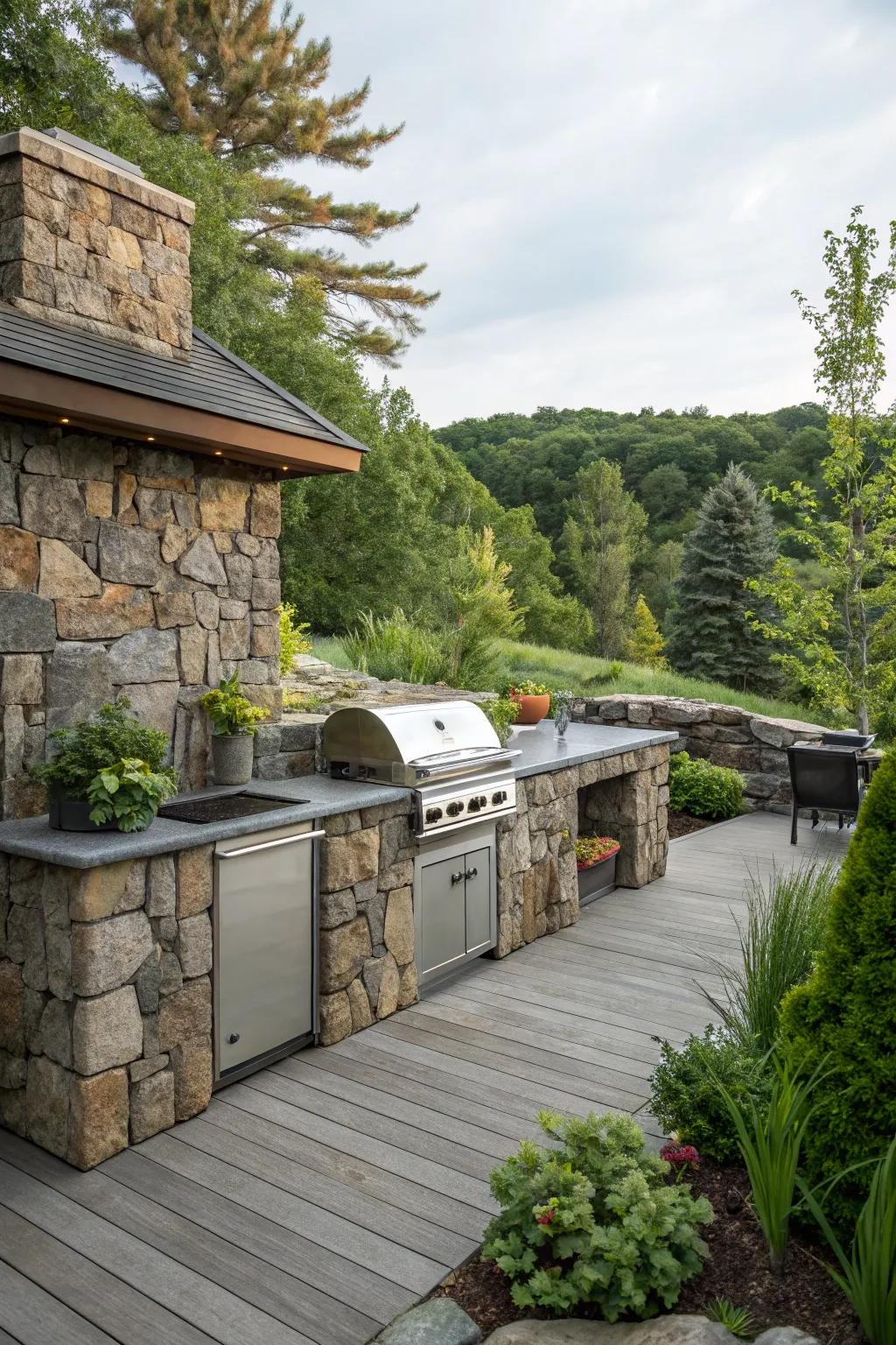 Timeless stone masonry adds durability and charm to this outdoor kitchen.