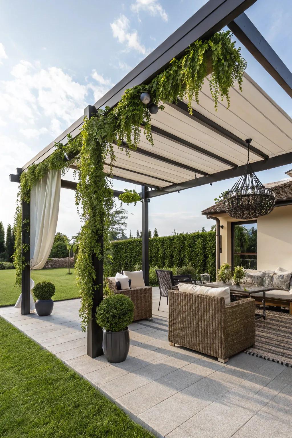 A pergola with a retractable awning offers both shade and flexibility.