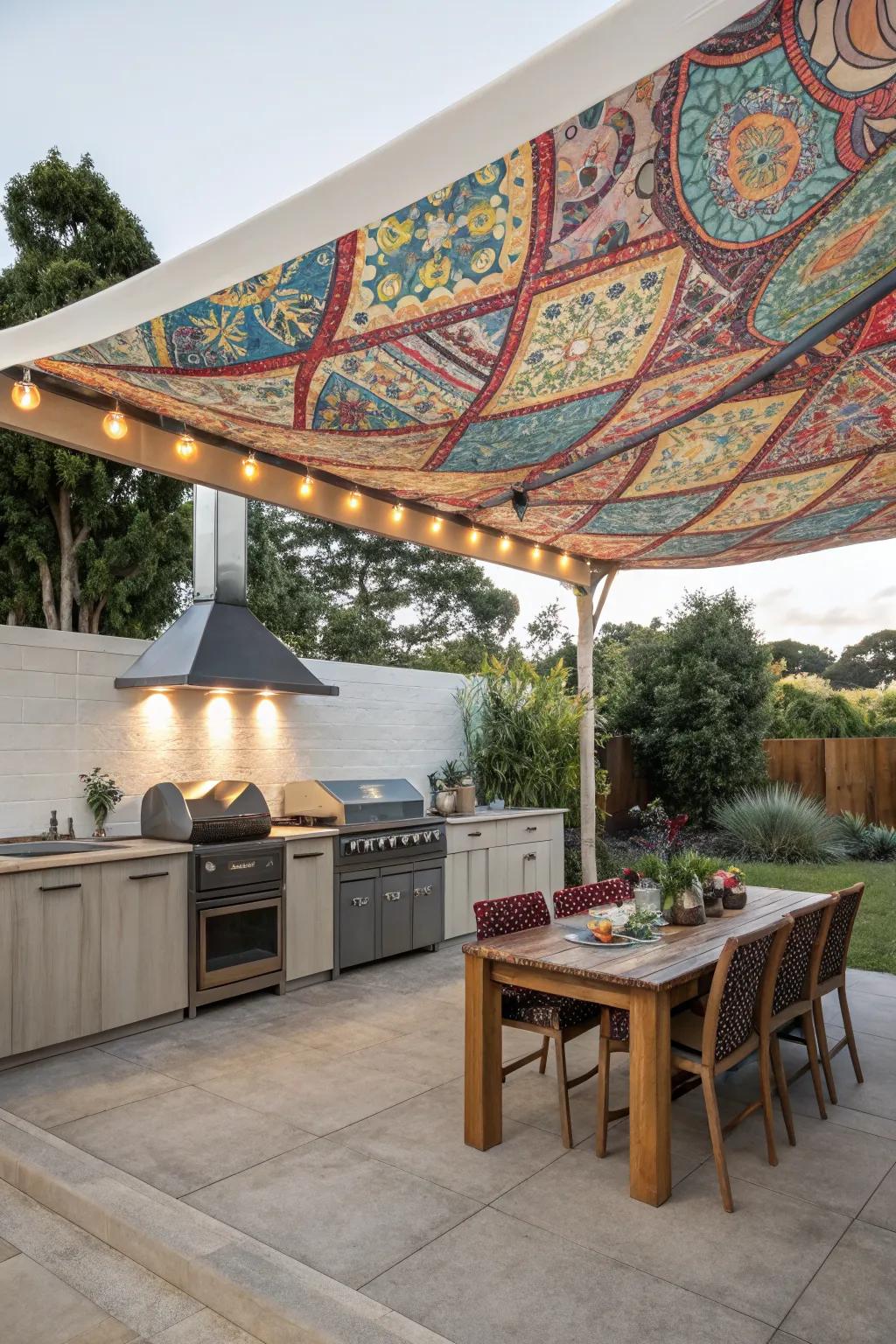 A colorful canopy adds flair and function to your outdoor kitchen.