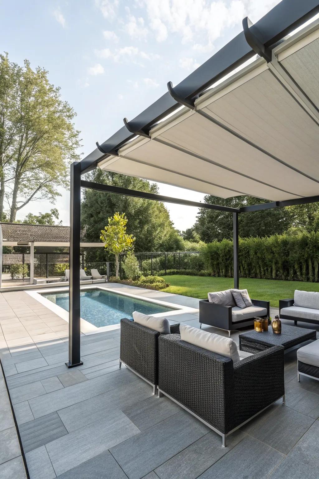 A retractable canopy offers adjustable shade and style.