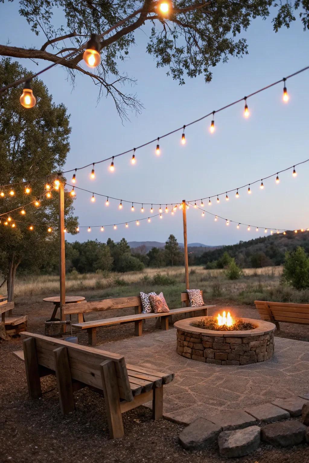 String lights add magic to any fire pit setting.