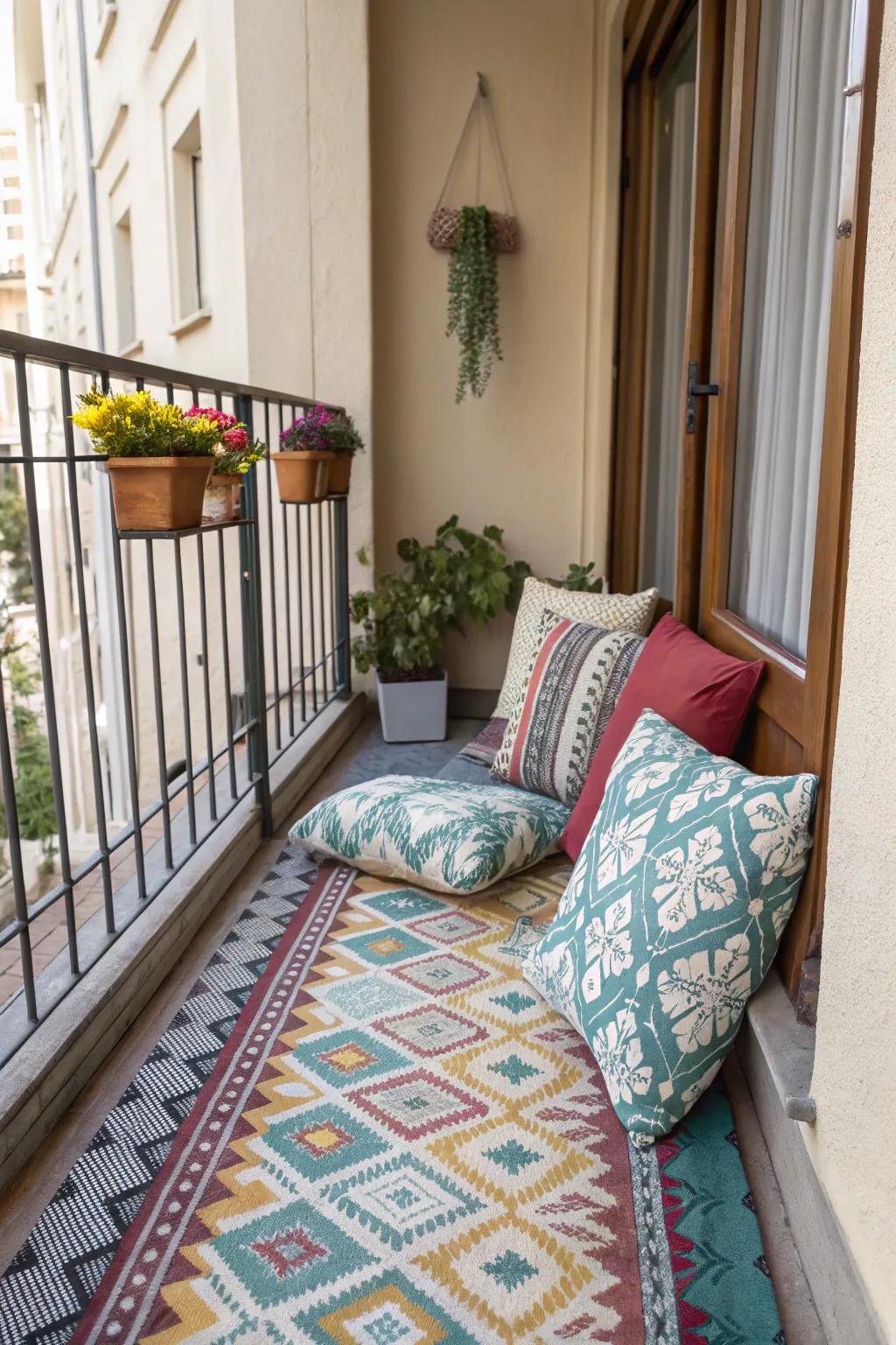 Layered textiles add warmth and style to a small balcony.