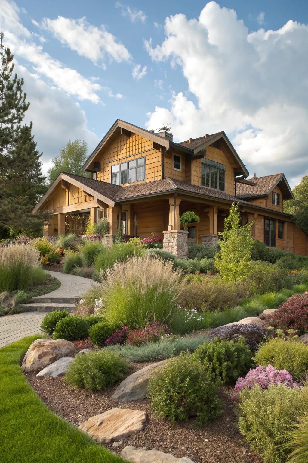 Layered plantings add depth to this craftsman house landscape.