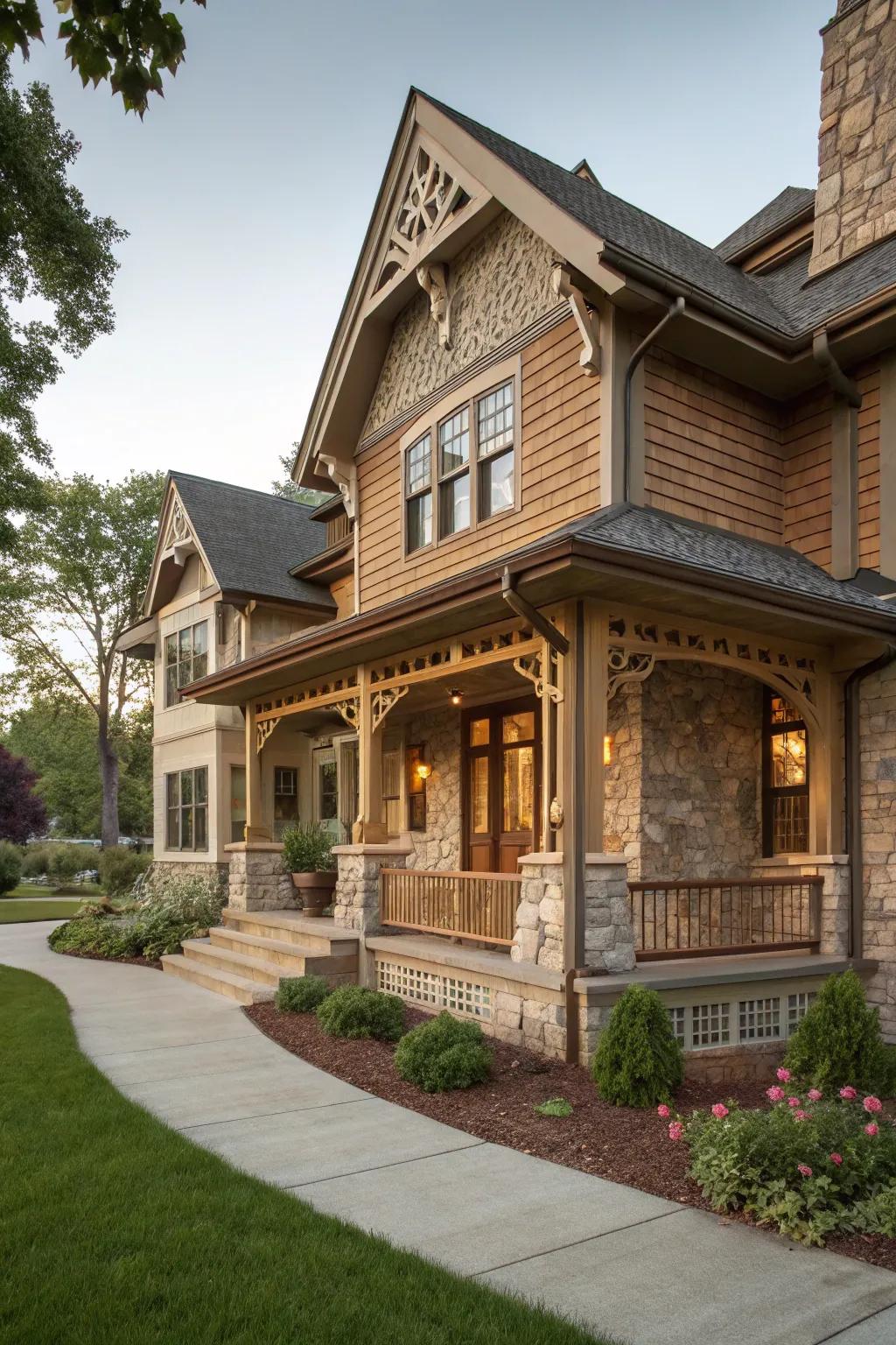 Stone and wood siding create a harmonious and bold Craftsman style.