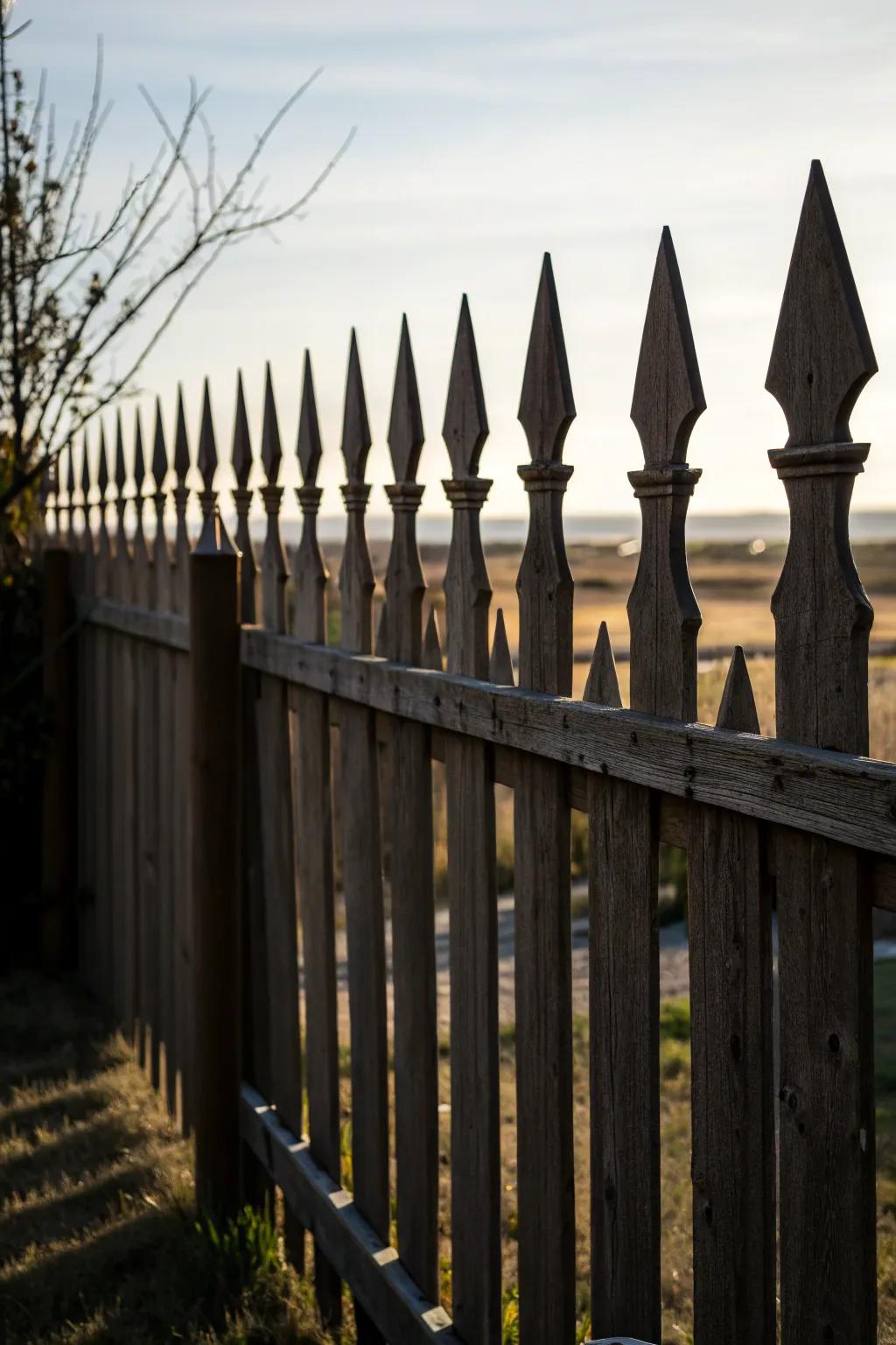 A uniquely shaped fence with pointed tops creating an artistic look.