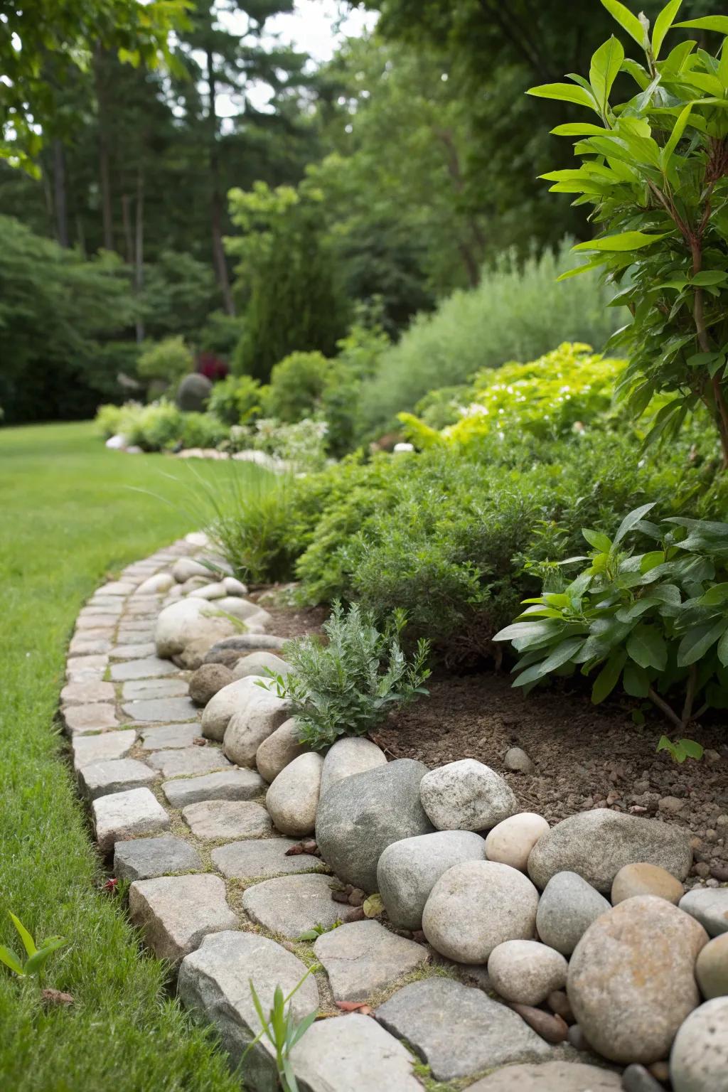 Smooth river rocks create a natural and tranquil garden border.