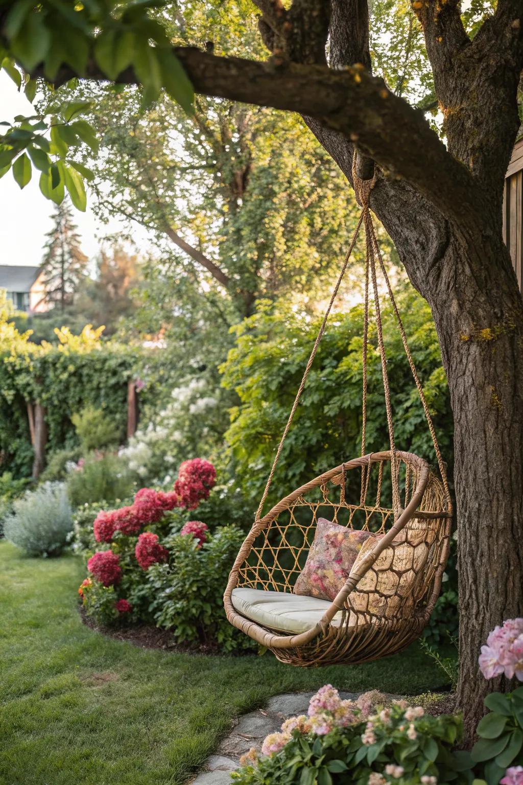 Rustic rattan swings add a bohemian touch to garden spaces.