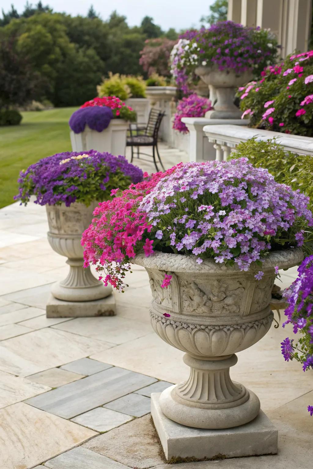 Creeping phlox creating a vibrant overflow effect in containers.