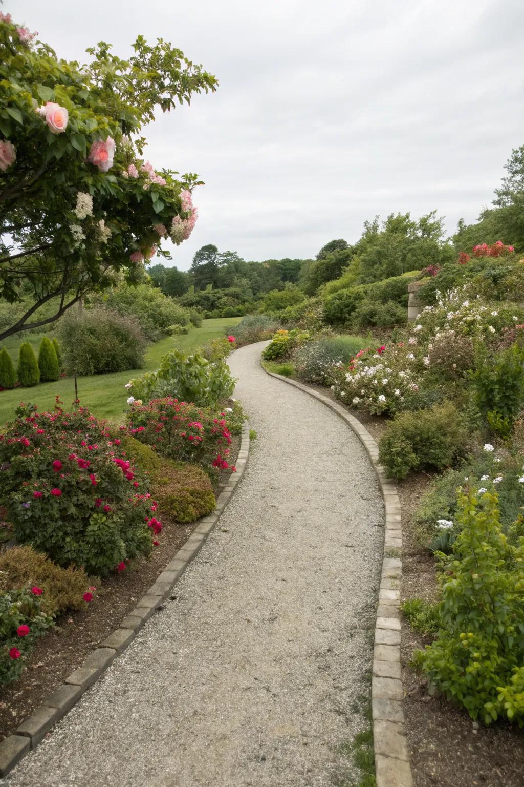 Crushed granite pathways elegantly guide visitors through lush gardens.