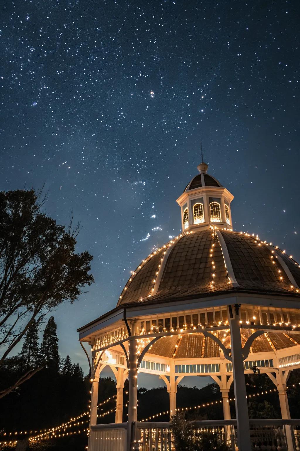 String lights adding a whimsical touch to a cupola.