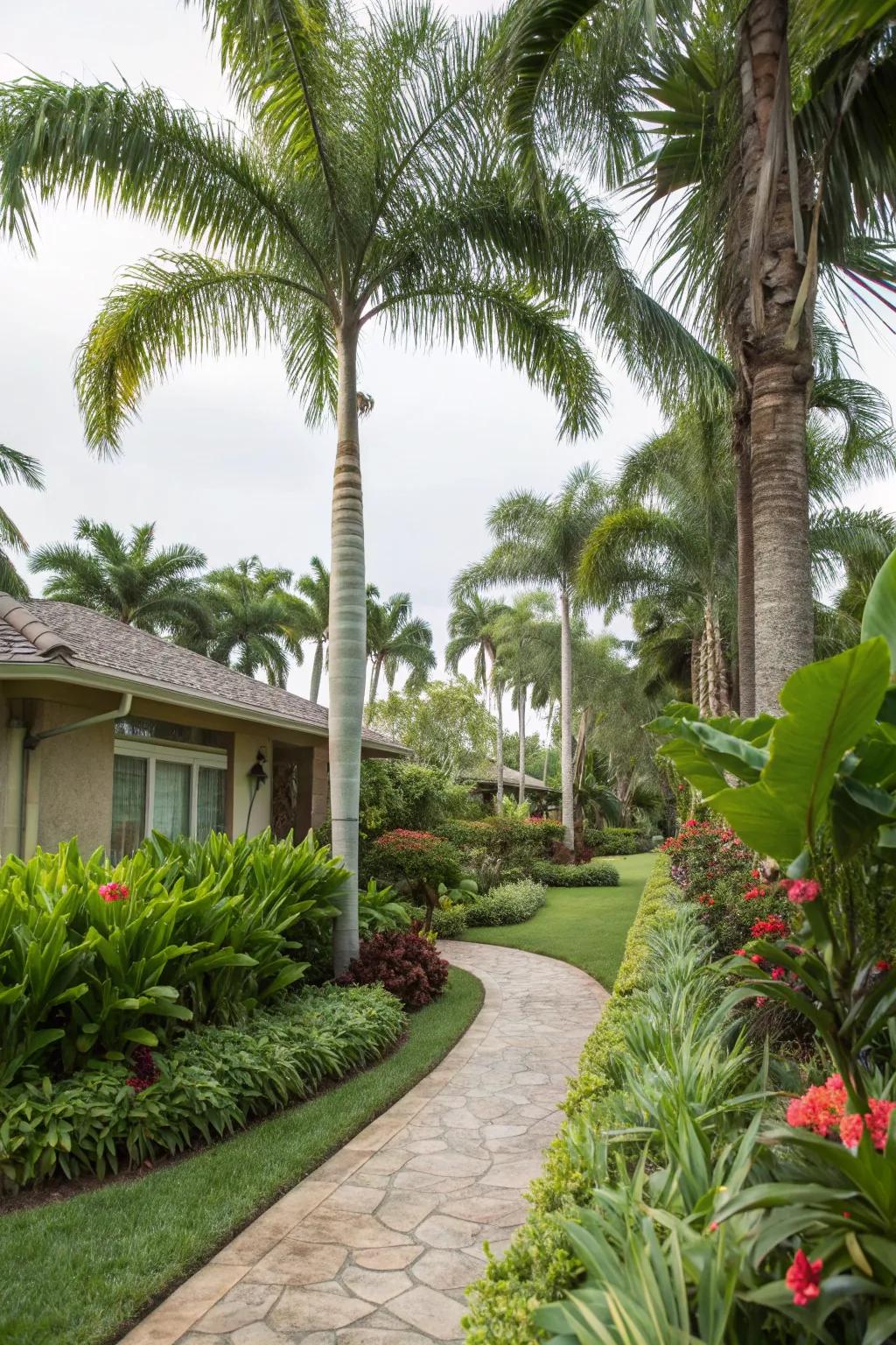 Palm trees and tropical foliage enhancing the front yard aesthetics