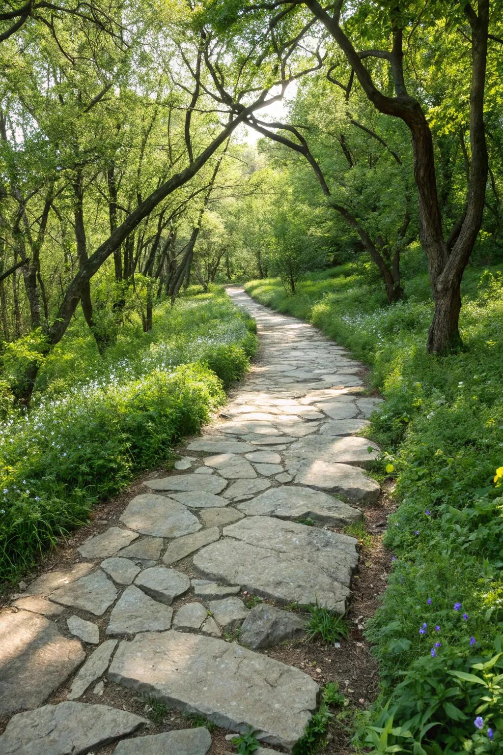 Natural stone walkway offers rustic charm.