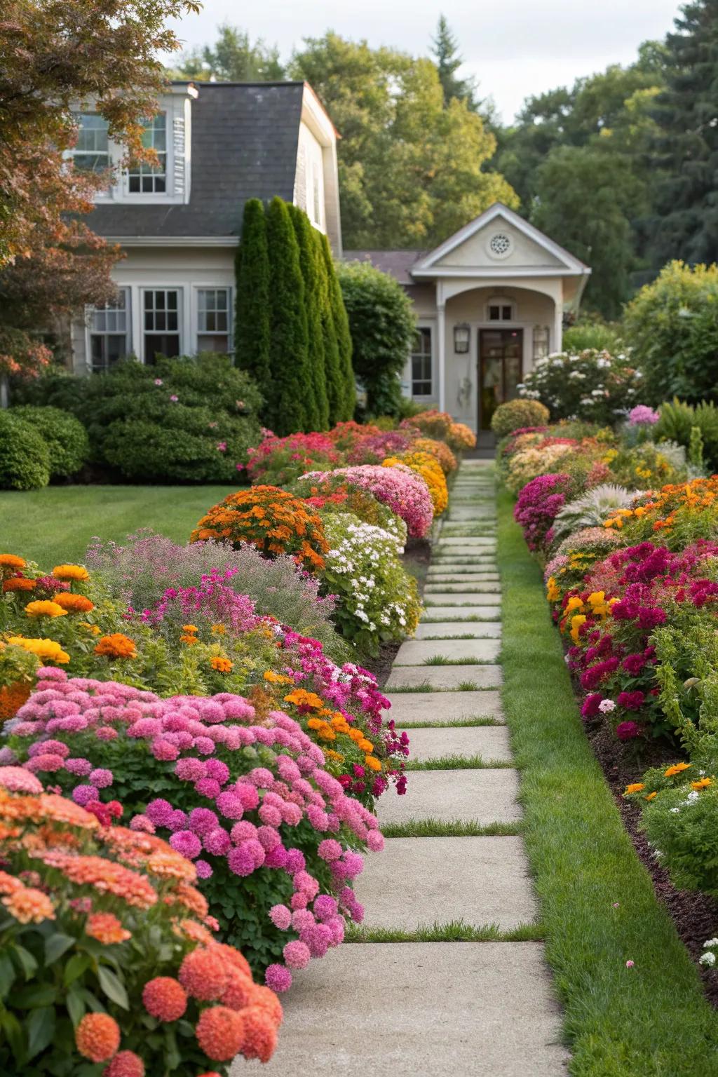 Colorful flower beds bring life and joy to your home's entrance.