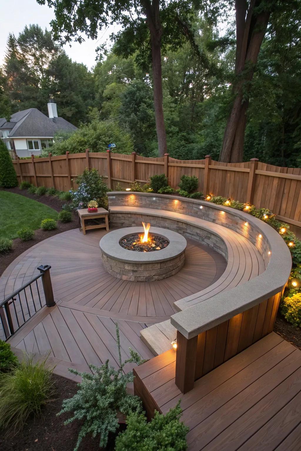 A cozy outdoor seating area with a curved design for social gatherings.
