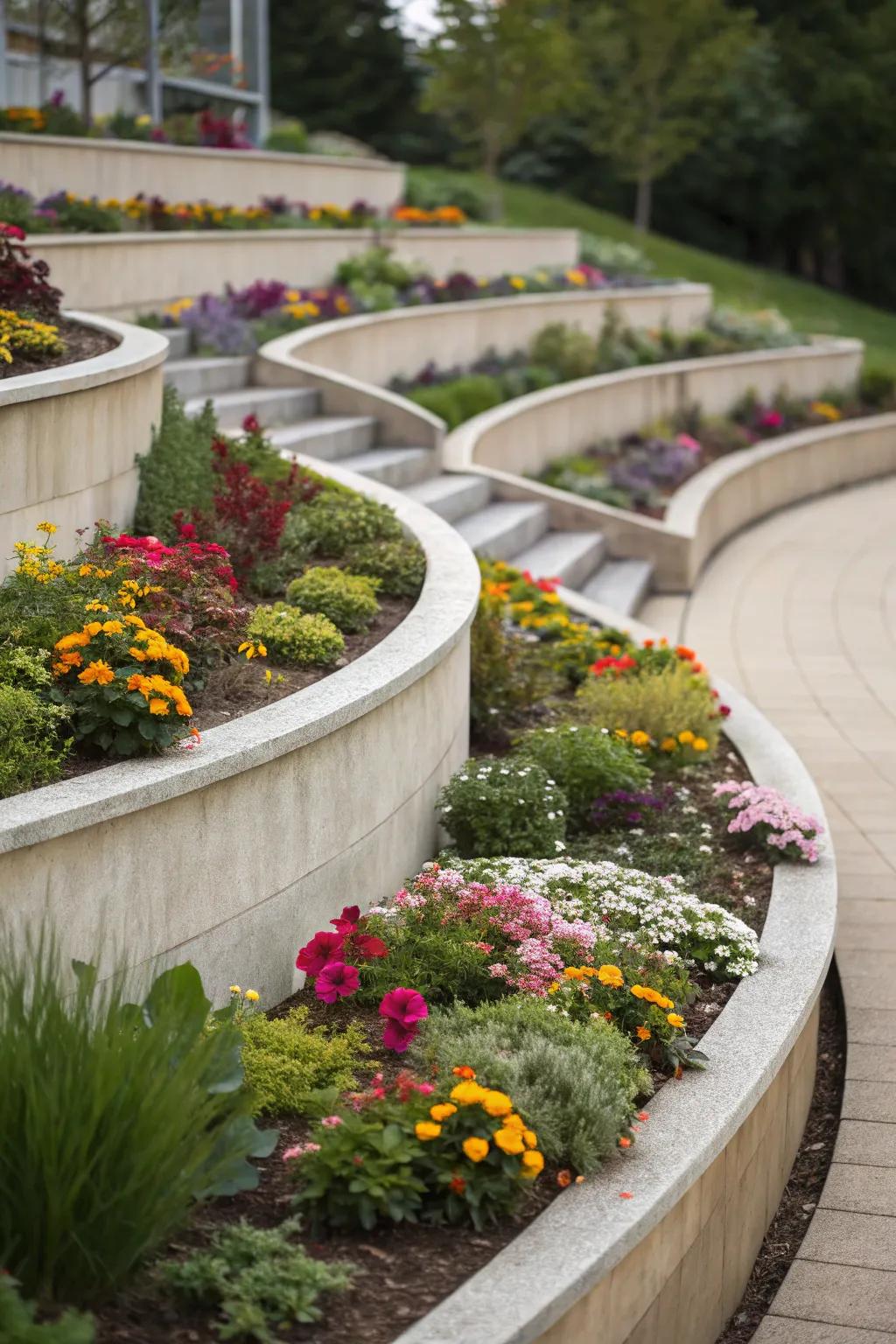 Tiered planting adds depth to a curved flower bed.