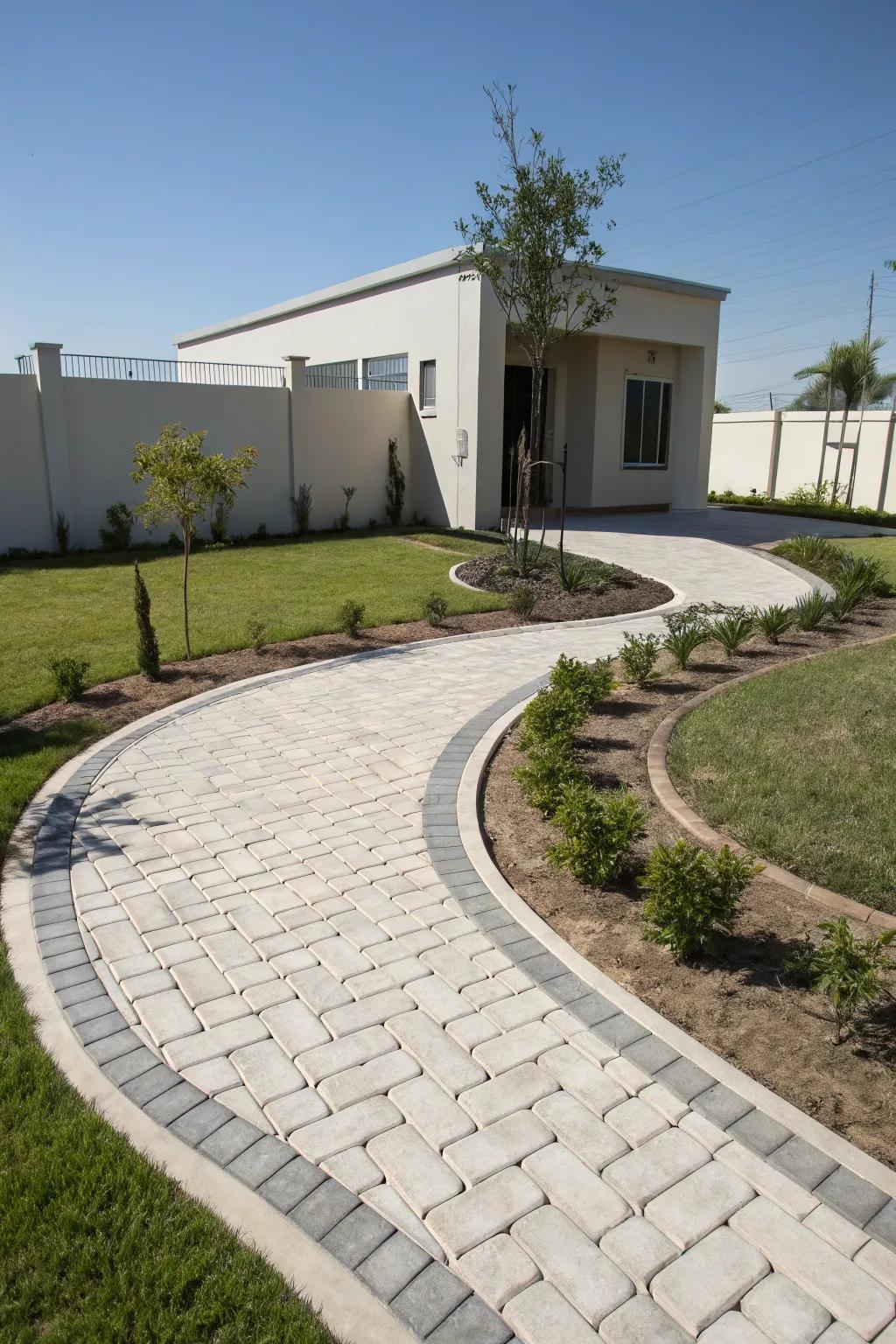 A modern curved walkway featuring interlocking pavers in a minimalistic front yard setting.