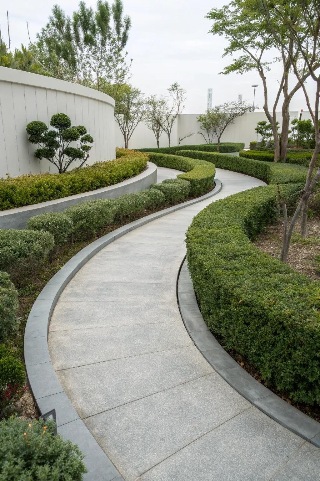A modern concrete path that complements a minimalist garden design.