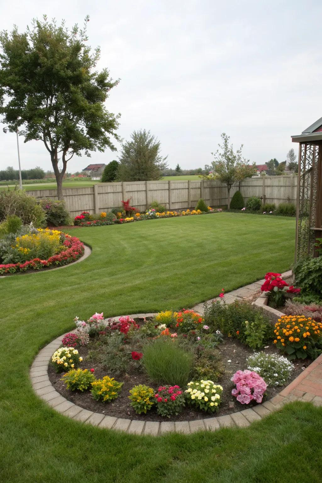 A circular lawn area creates a central focus, perfect for gatherings.