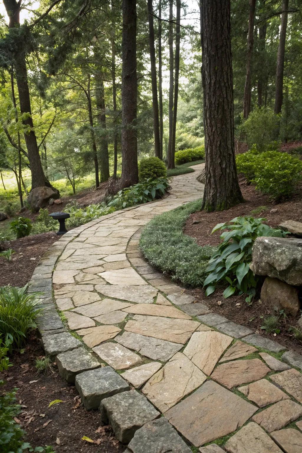 Natural stone pavers forming a charming walkway through a woodland garden.