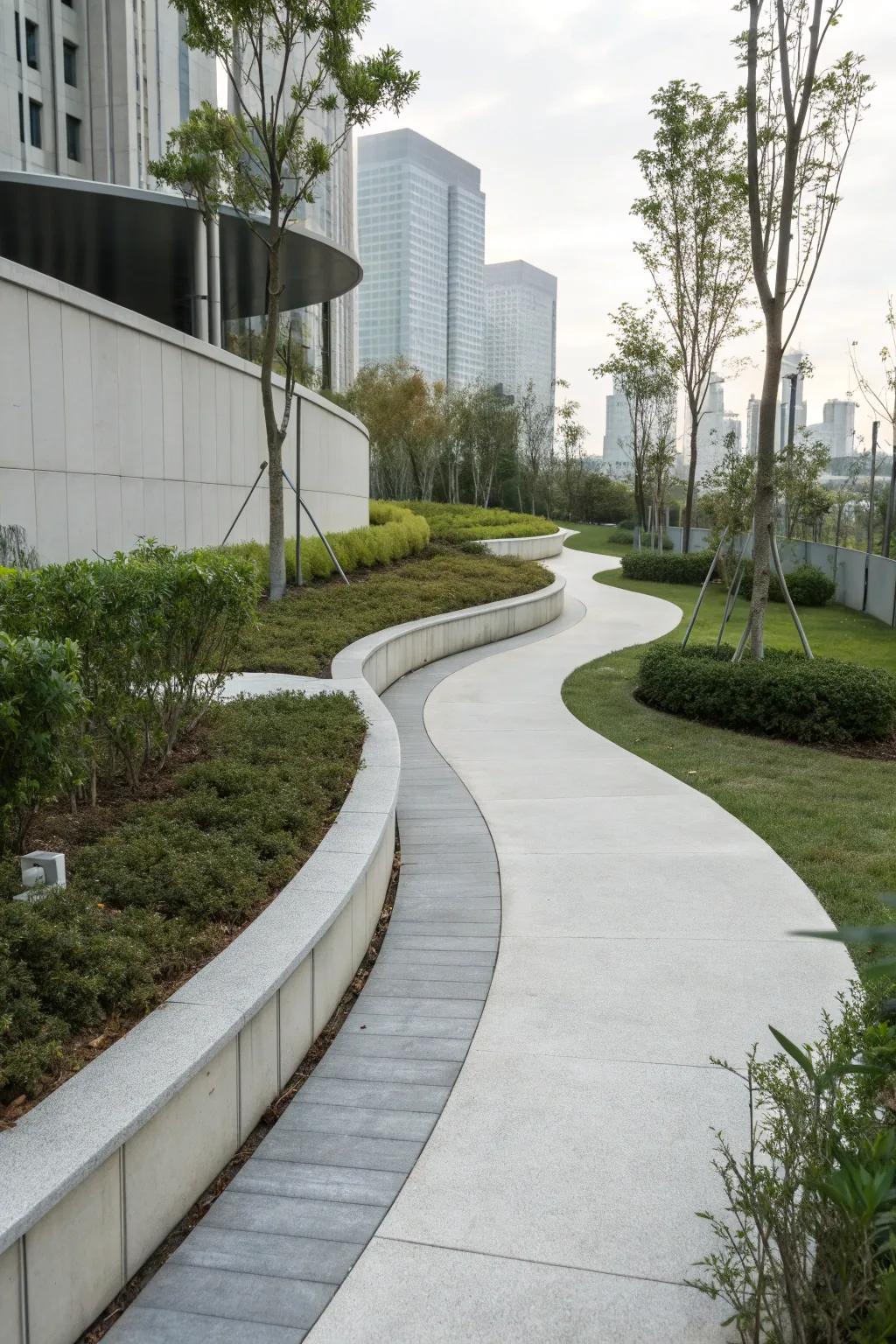 Sleek curves of a modern concrete walkway.