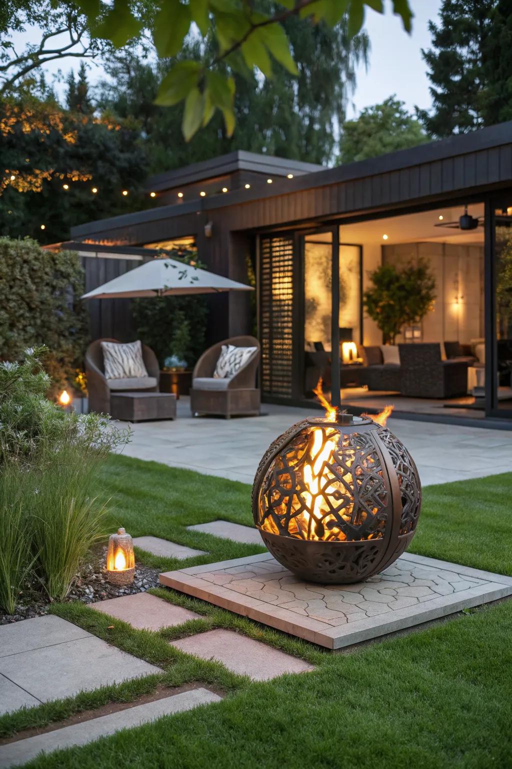 A globe-shaped fire pit makes a bold statement in any backyard.