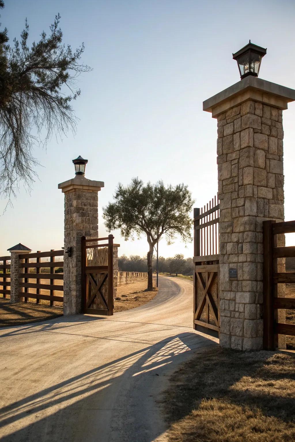 Stone pillars provide a sturdy and stylish frame for this ranch gate.