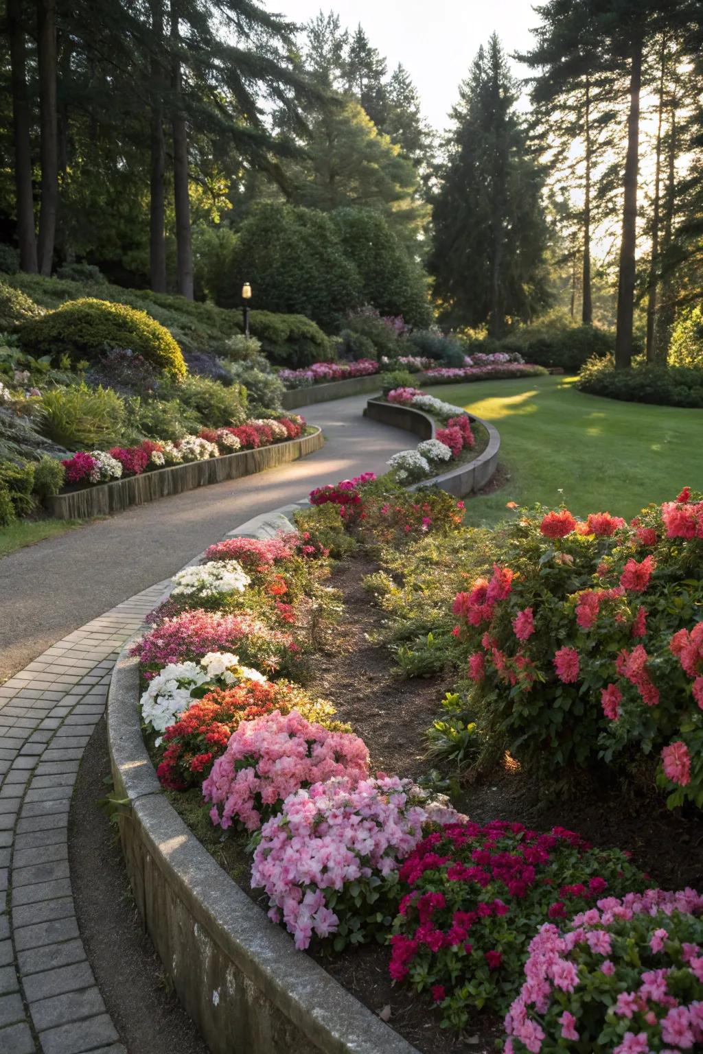 A garden featuring curved flower beds, creating a natural and inviting layout.
