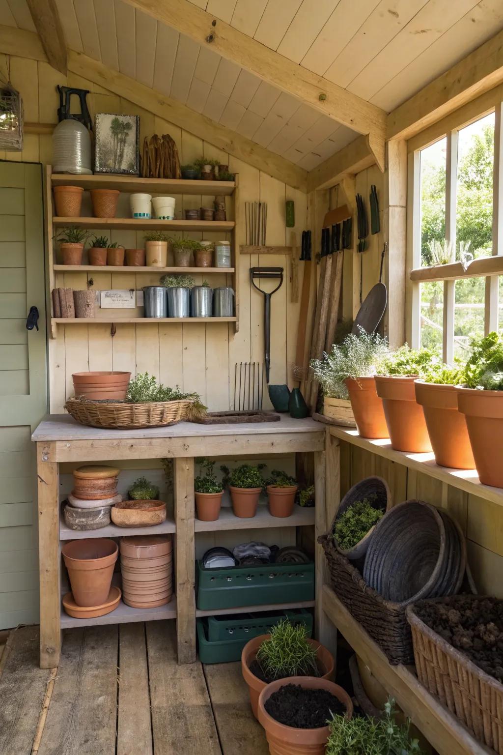 A potting paradise with a workbench and organized gardening tools.
