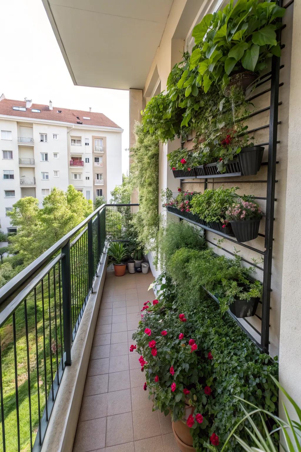 A small balcony showcasing a vertical garden with wall-mounted planters.