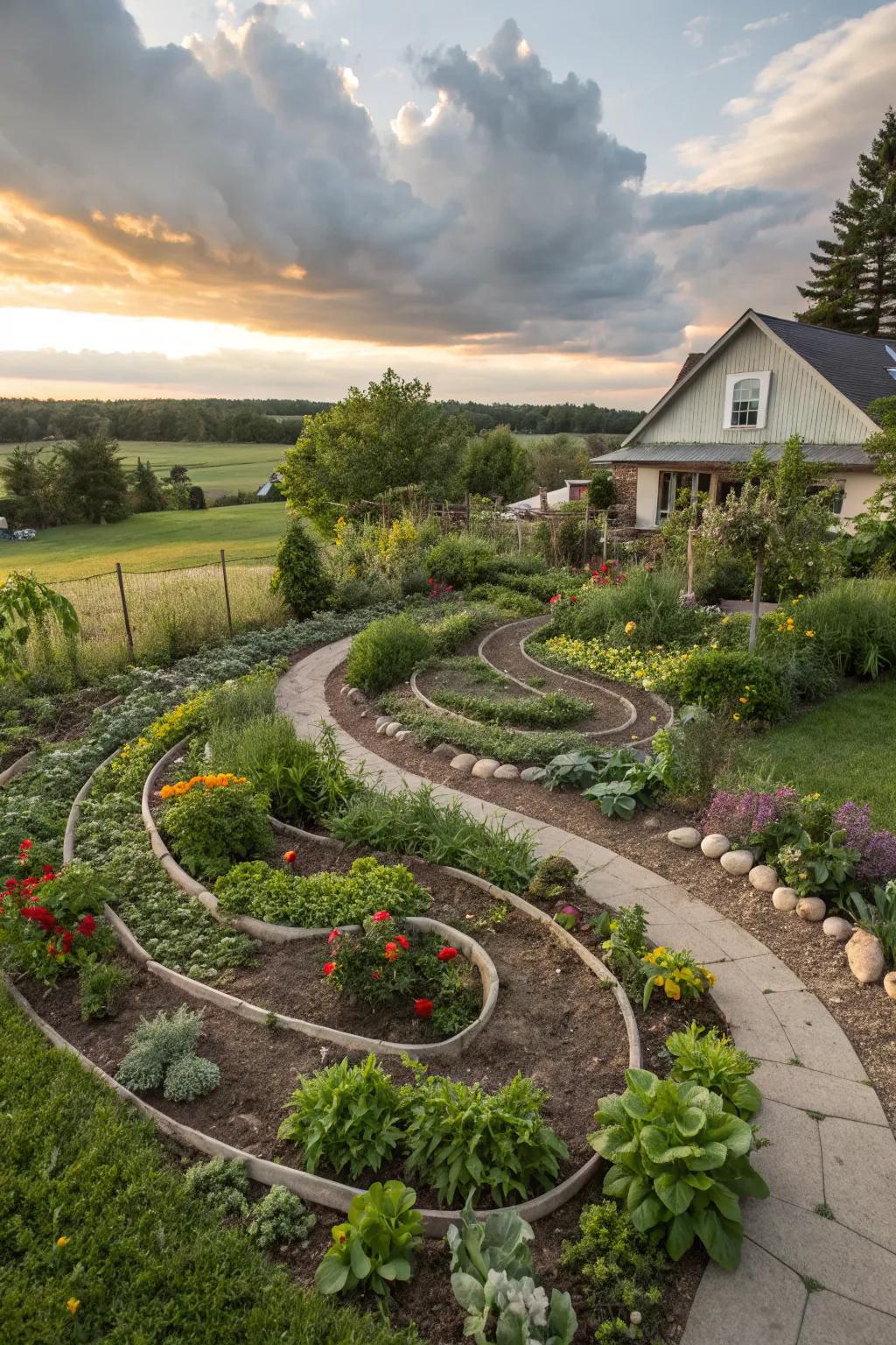 A spiral garden layout adds visual interest and efficiency.