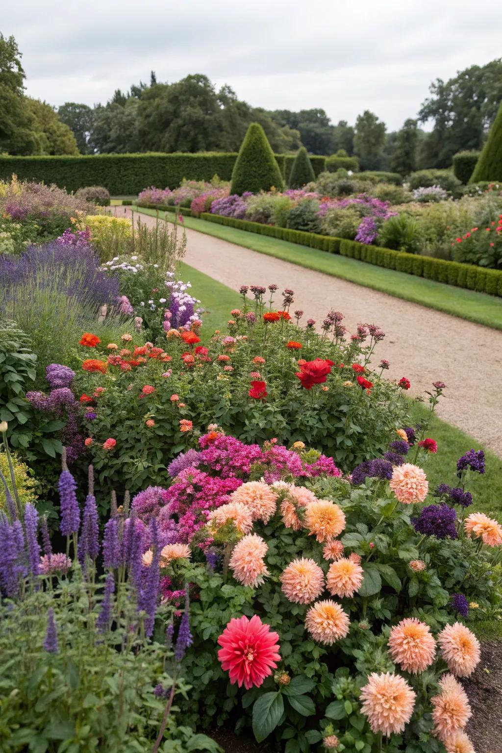Dahlias mingling with companion plants for a full and lively garden bed.