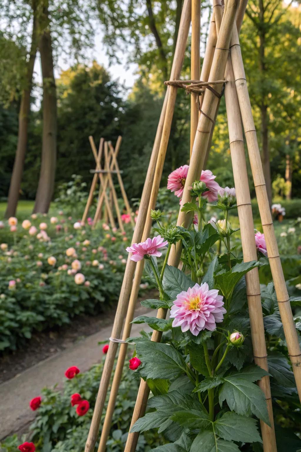 Bamboo canes providing natural support to a dahlia plant.