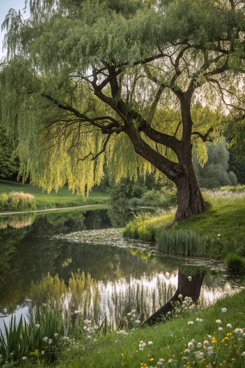 A dappled willow reflecting in a pond, adding tranquility to the garden.