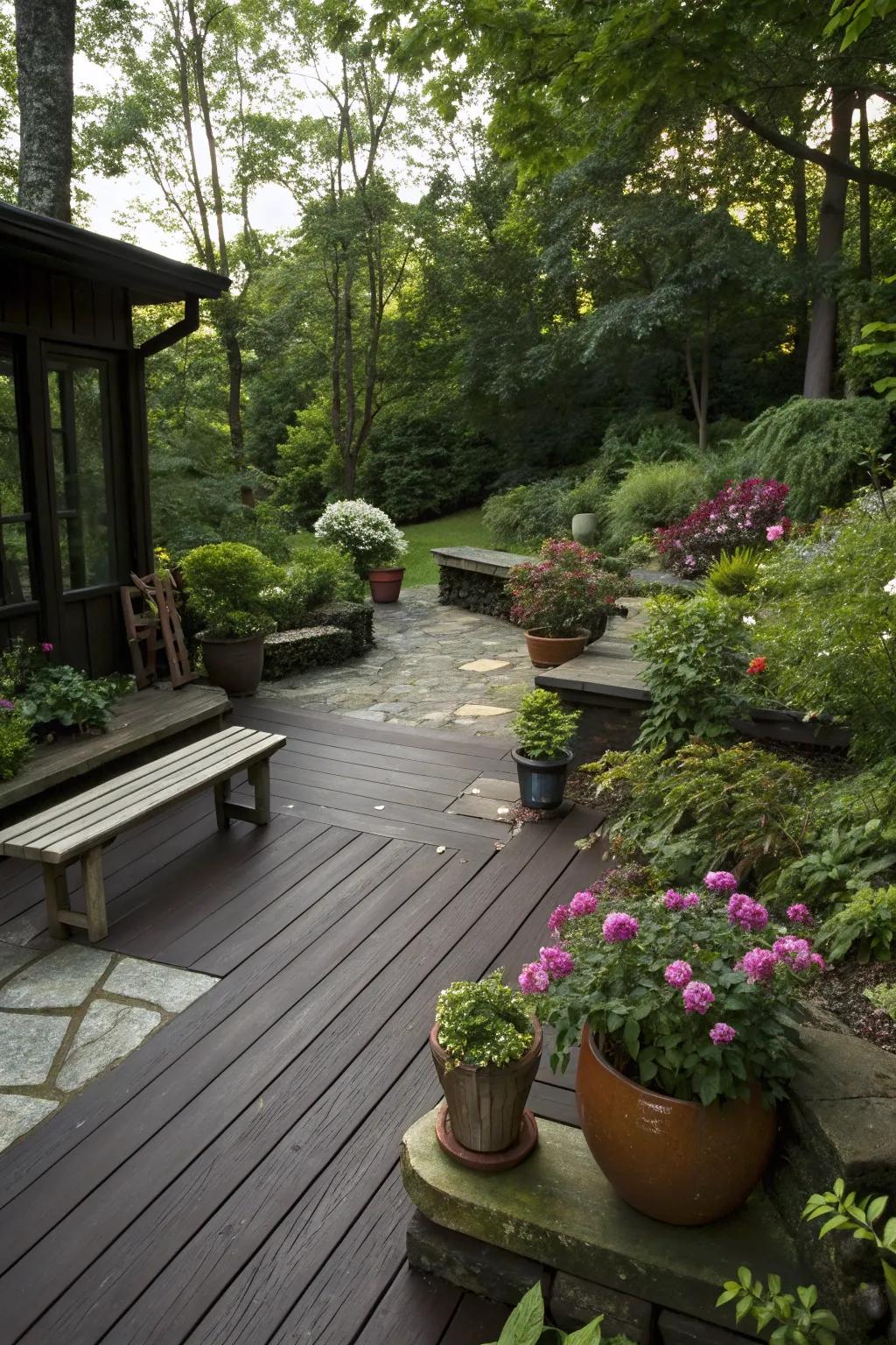 A nature-infused deck with lush plants enhancing the tranquil atmosphere.