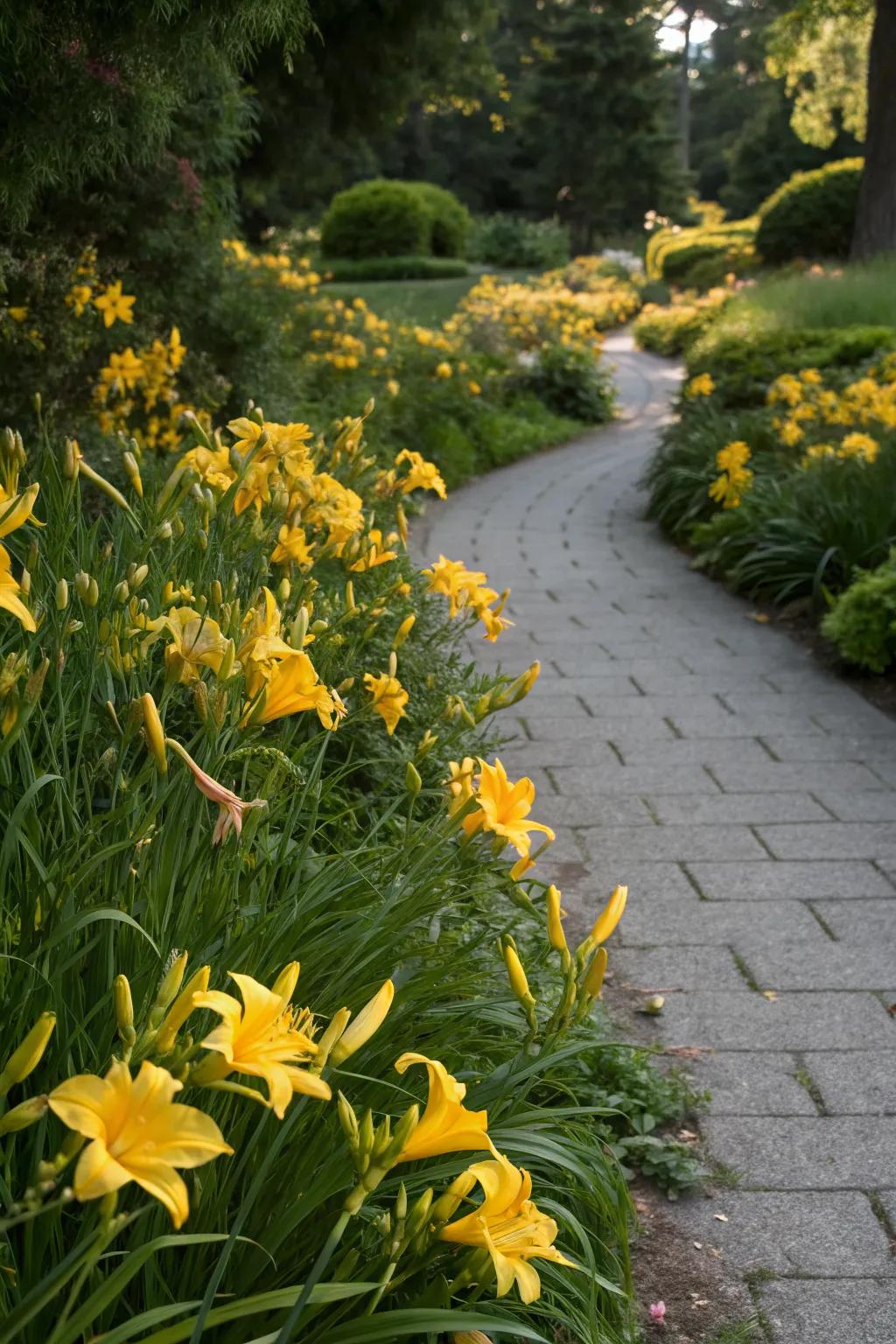 Daylilies forming a vibrant border along a garden path.
