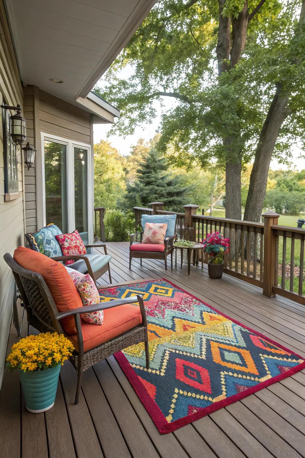 A colorful outdoor rug adds warmth and style to this deck.