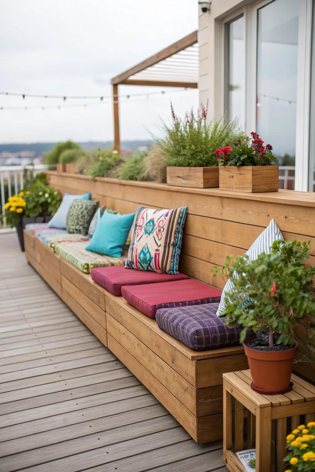 Built-in seating offers comfort and utility.