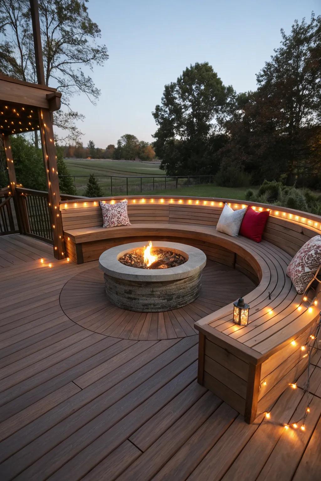 Curved benches offer a warm, inviting space for gatherings.