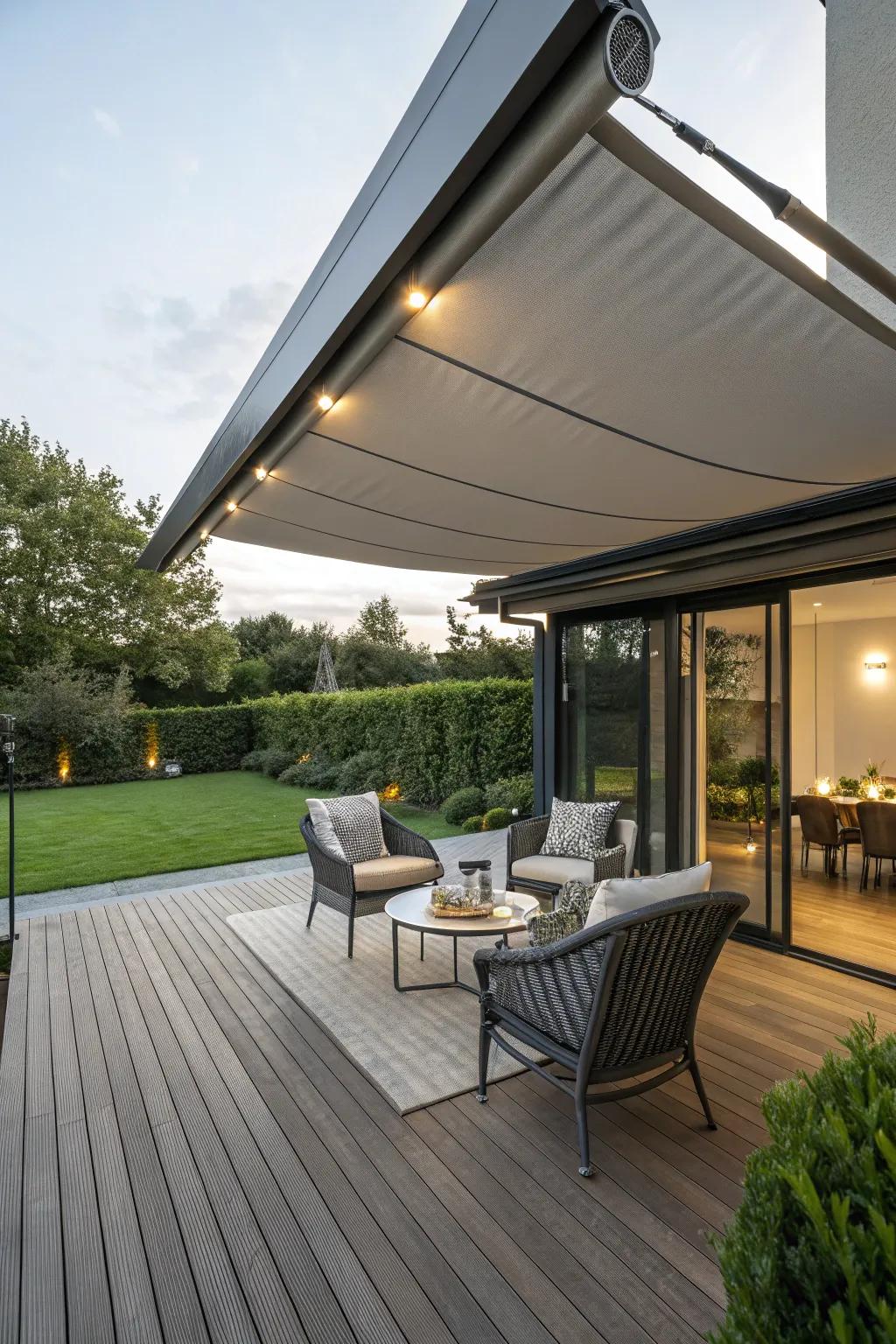 Retractable awnings offer customizable shade options.