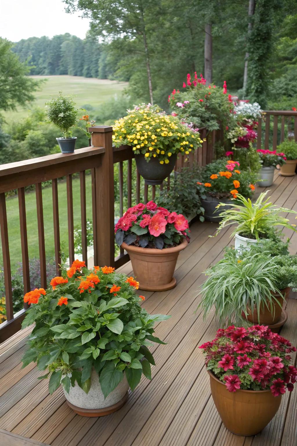 Create a versatile deck decor with potted plants.