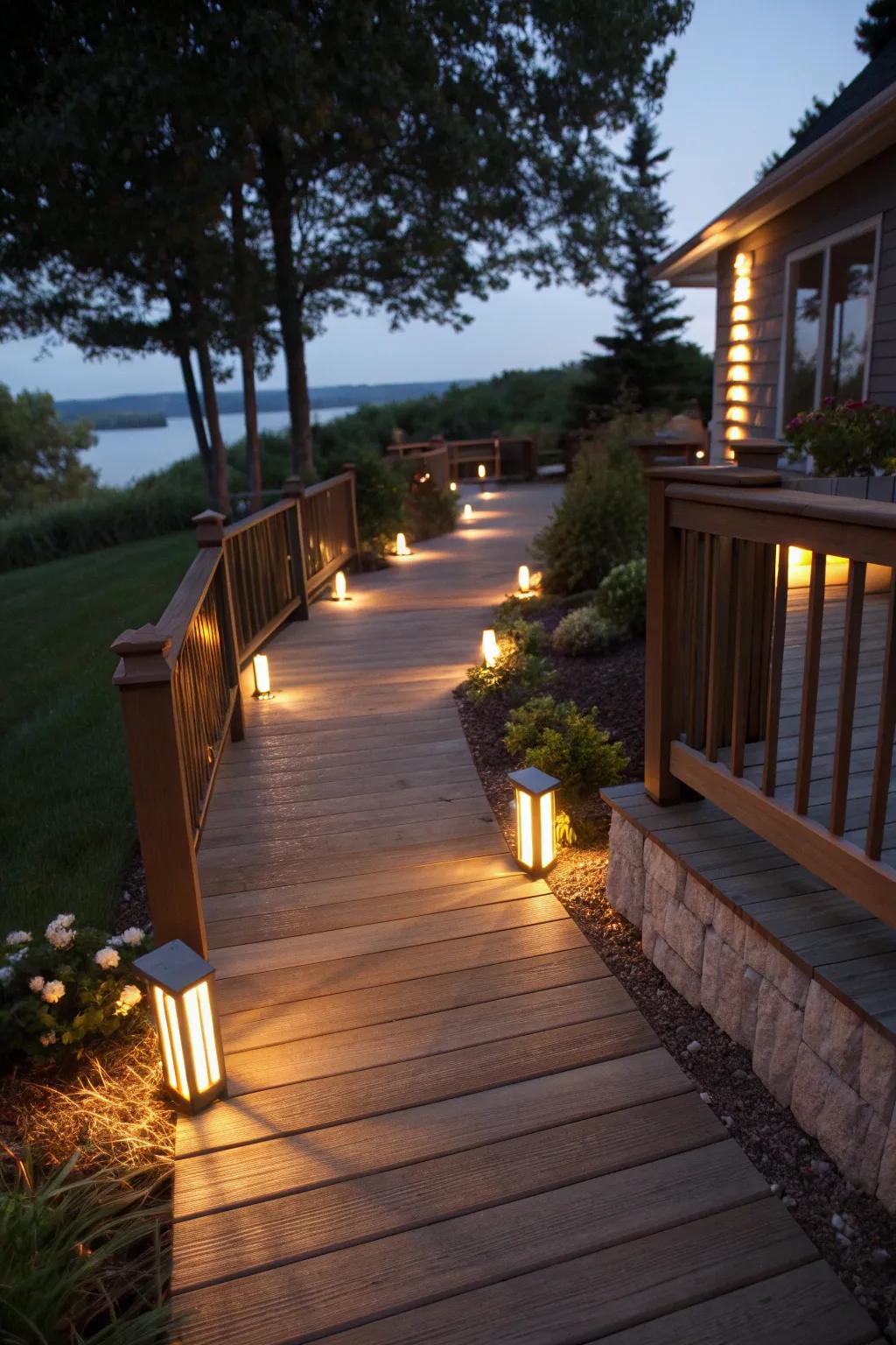 Integrated lighting on a deck landing illuminating the pathway.