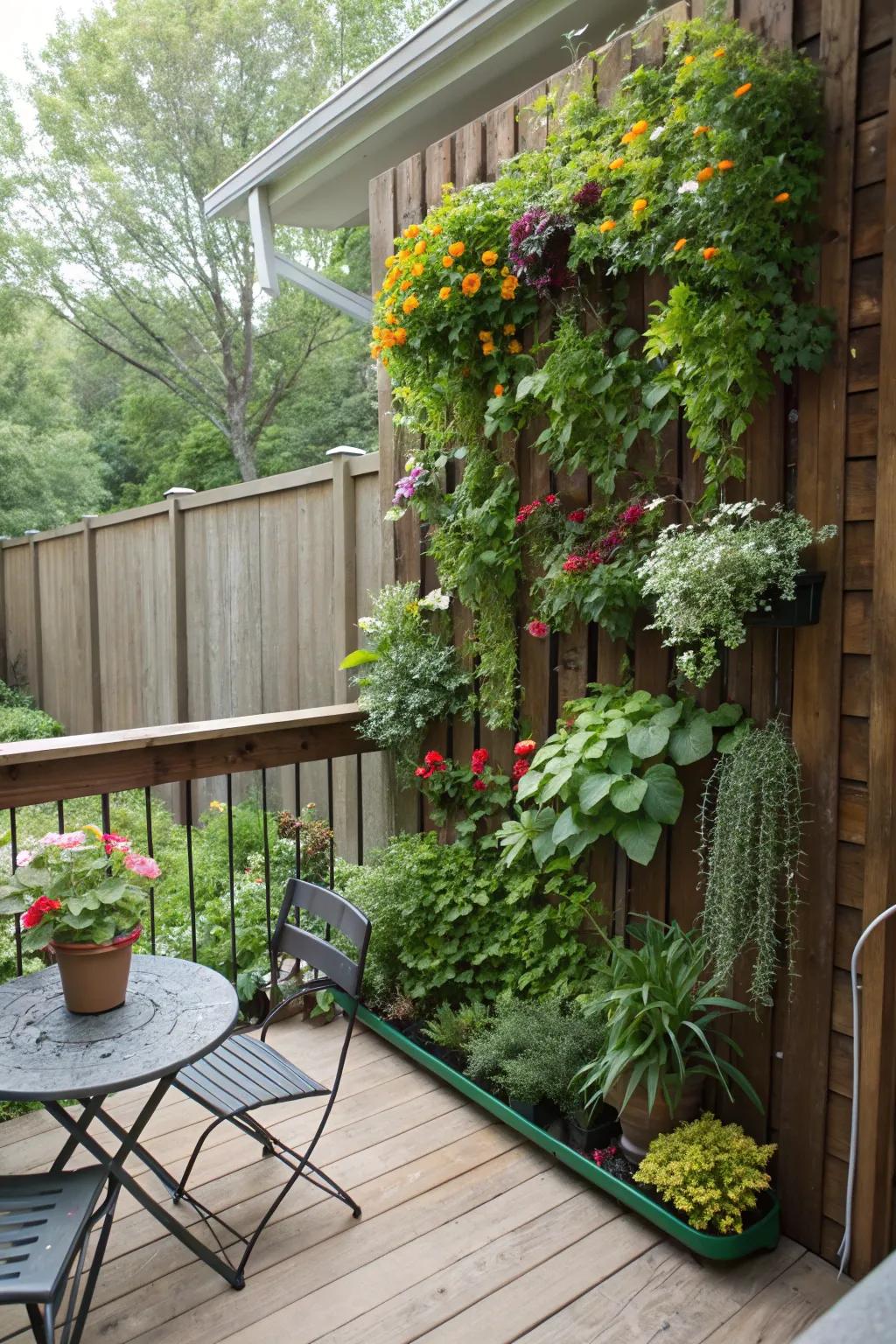 A vertical garden brings life and color to a side deck.