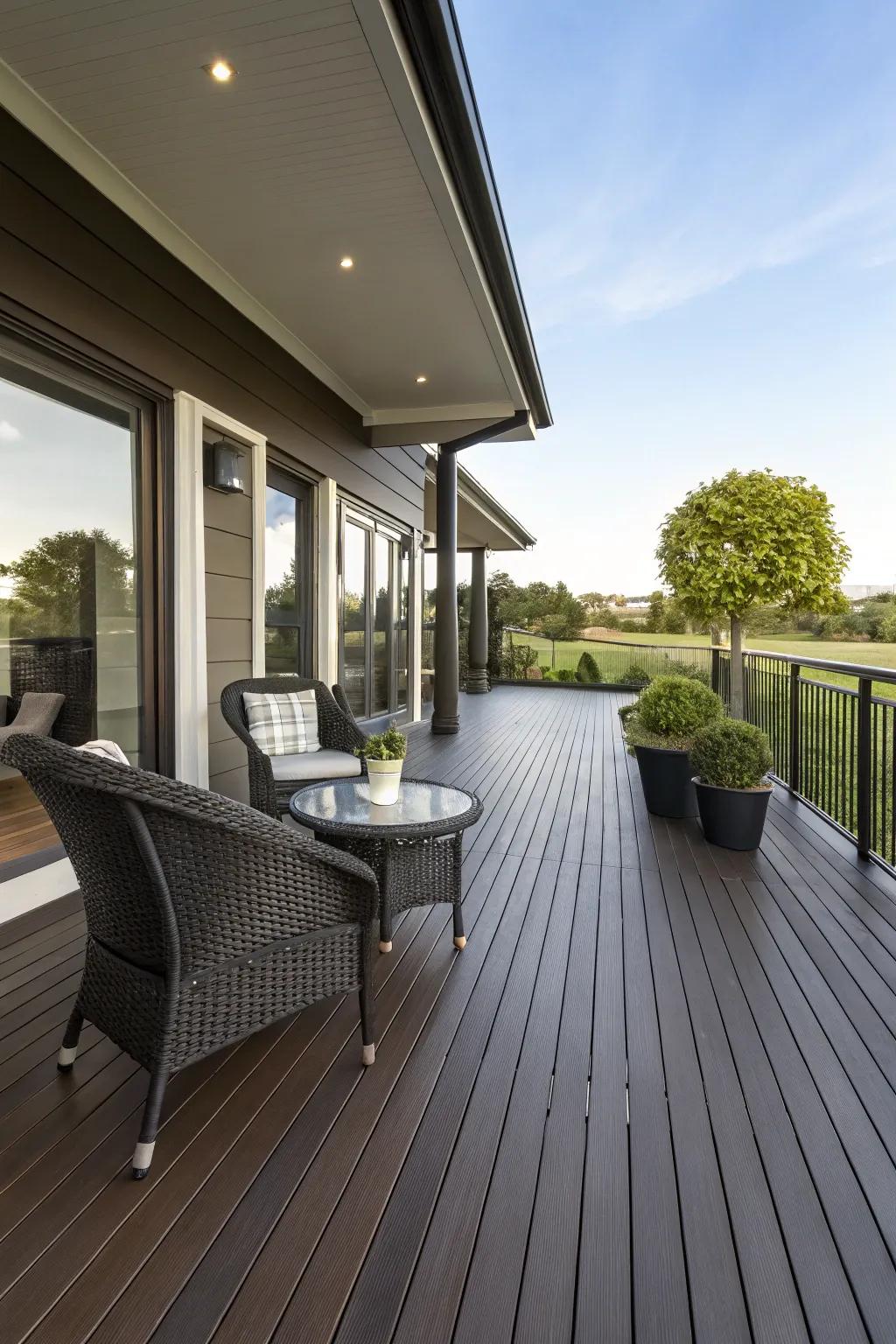 A modern deck with dark brown paint, creating a warm and inviting ambiance.