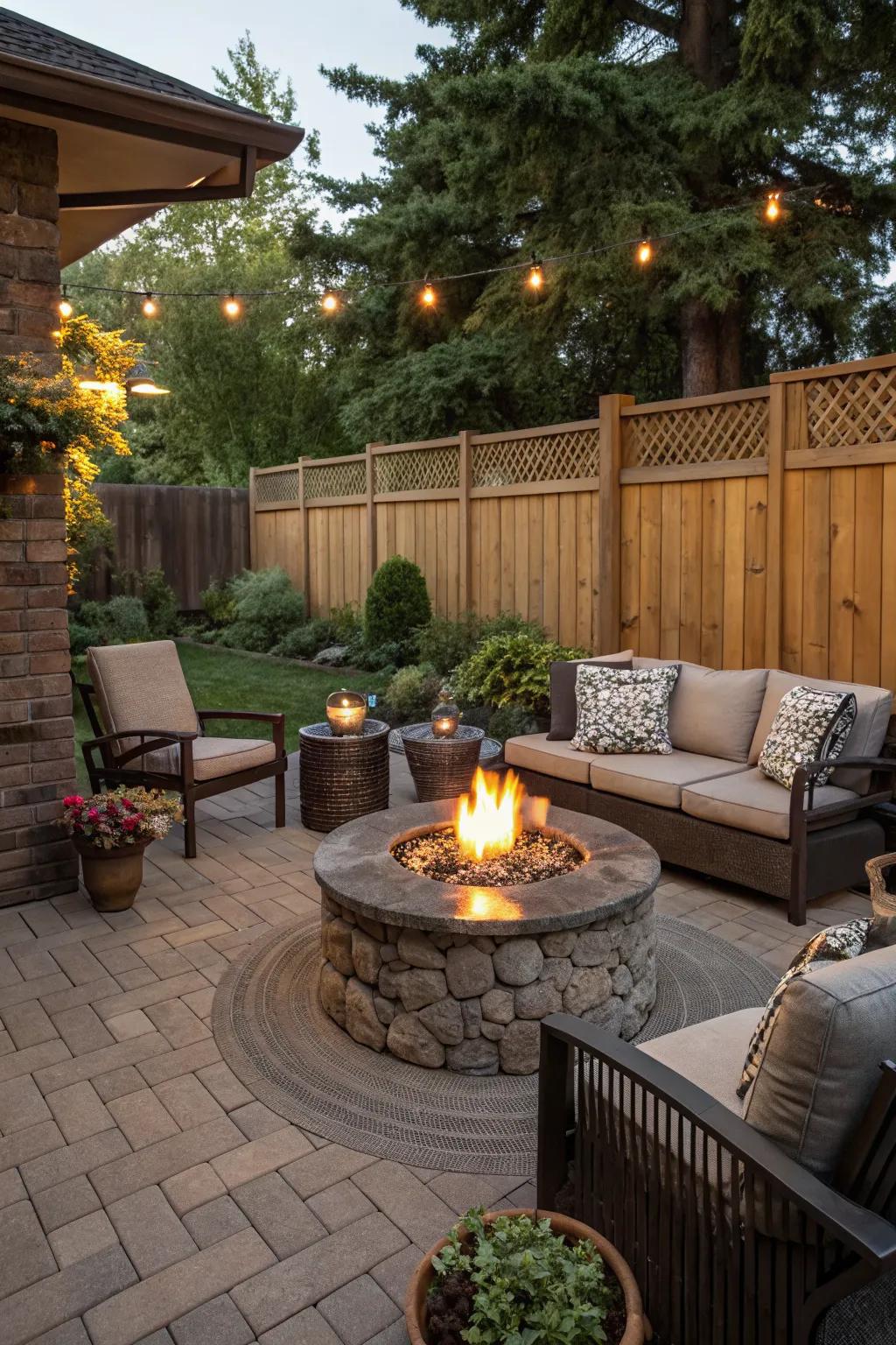A cozy fire pit nook invites warmth and socialization.
