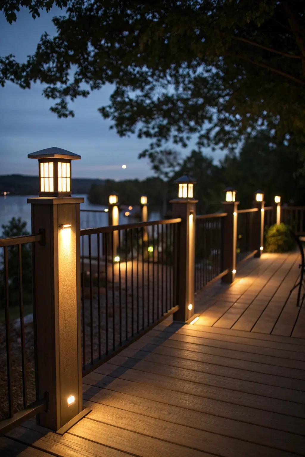 Integrated lighting in deck posts creates a warm and inviting atmosphere for nighttime gatherings.
